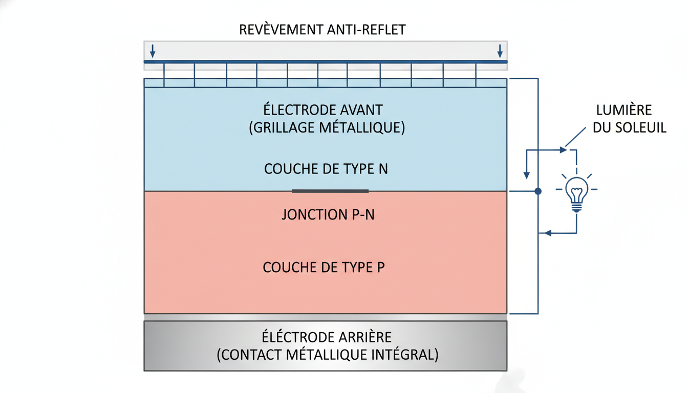 découvrez le schéma détaillé et le fonctionnement d'une cellule photovoltaïque, un composant clé pour convertir la lumière solaire en énergie électrique.